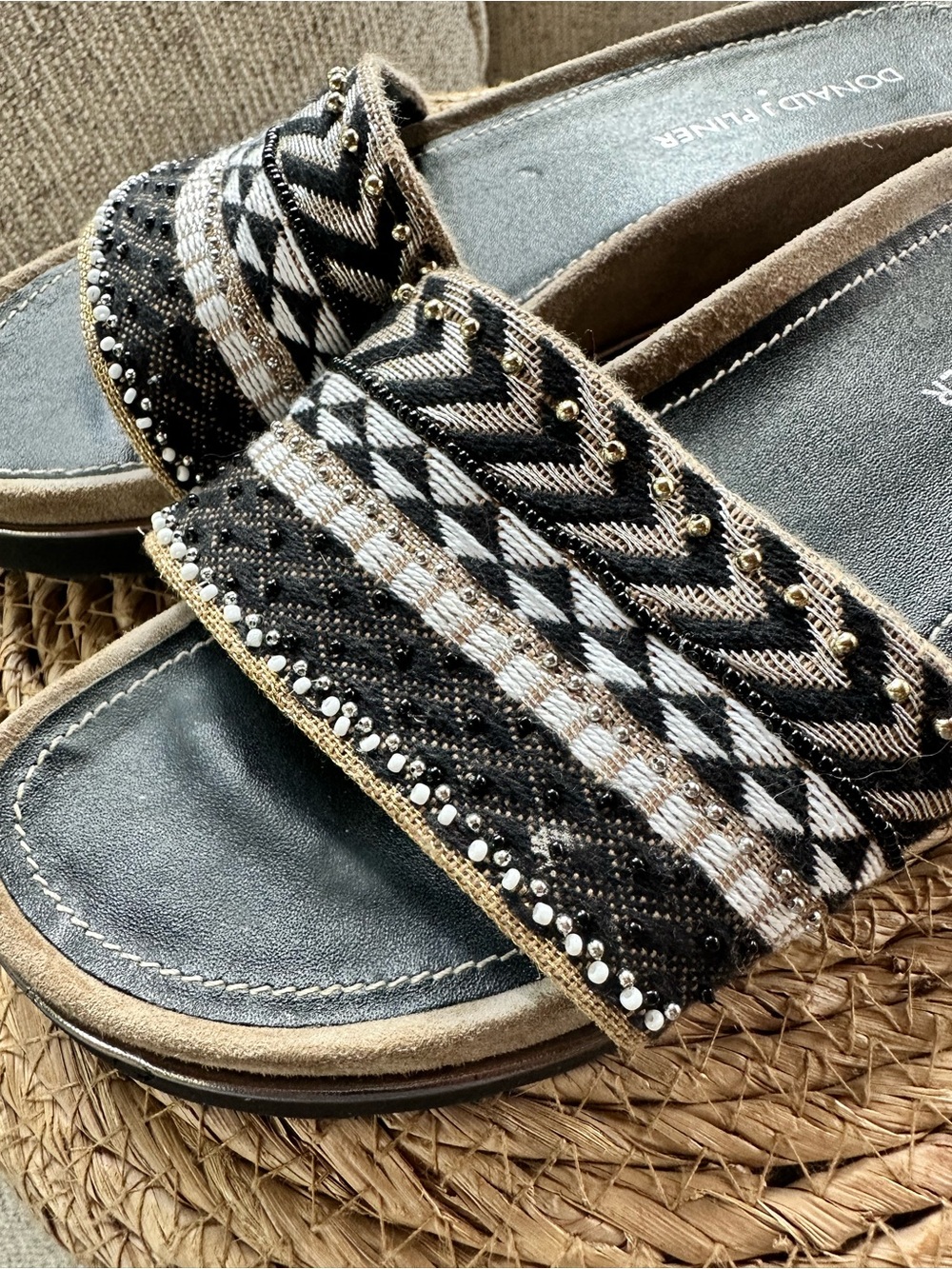 Donald J. Pliner Black and Tan Beaded Slide Sandals